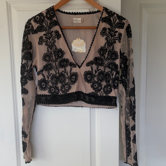 Altar'd State Tops - Altar'd State Black Floral Embroidered Sheer V-Neck Crop Top on Nude